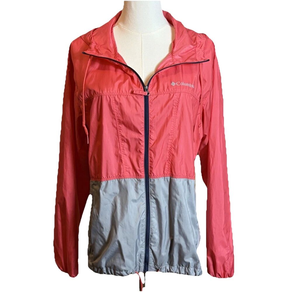 Columbia Women’s Windbreaker Jacket M Pink Gray Colorblock Hooded Full Zip